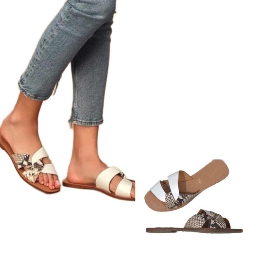 SEYCHELLES Ray of Sunshine White and Beige Exotic‎ Snake Leather Sandals Size 8
